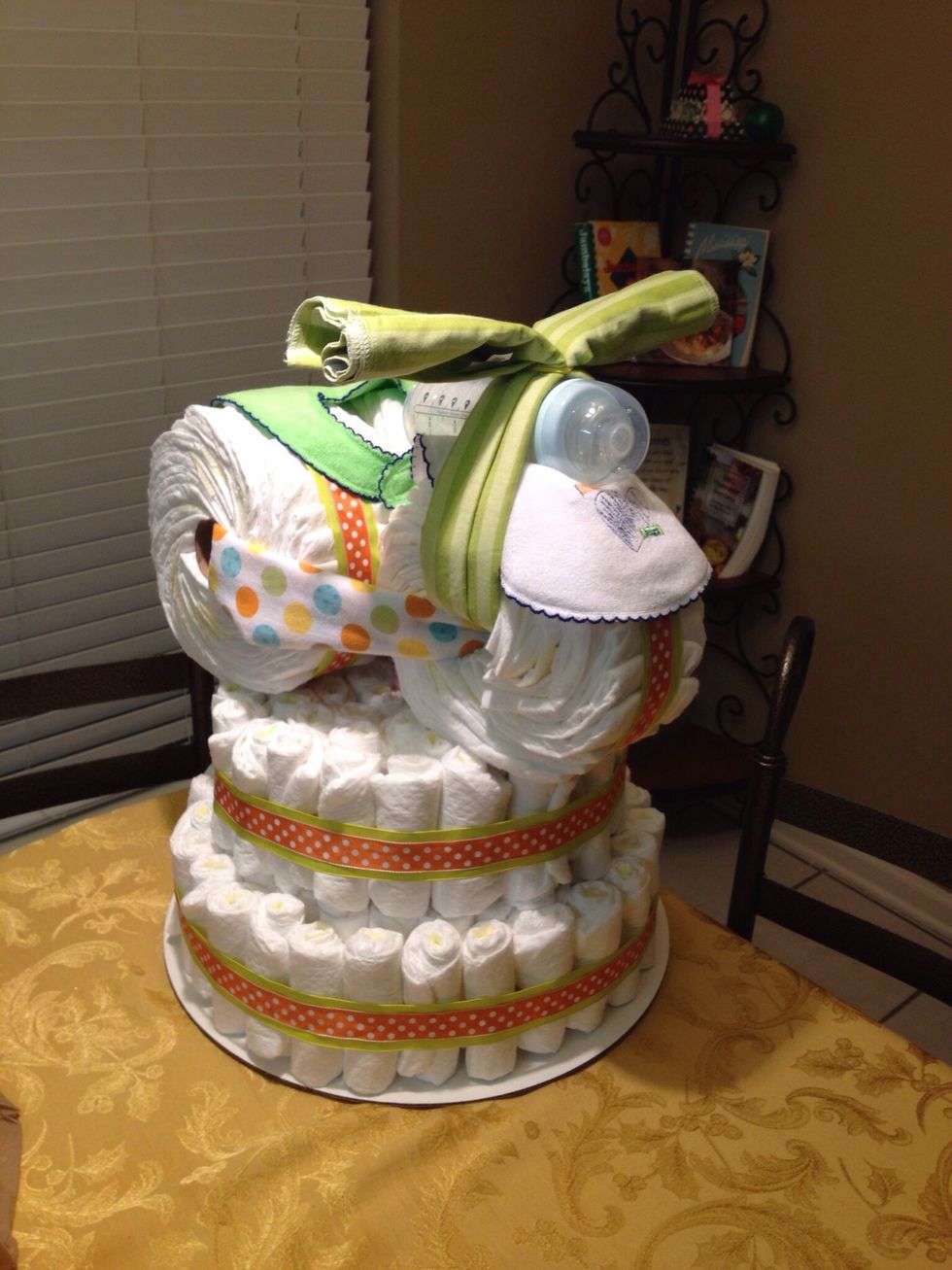 Place 1st blanket thru back two tires bring to front tire rubber band ends together.Next blanket thru front tire rubber band at top. Place bibs on front and back.Place bottle thru top.