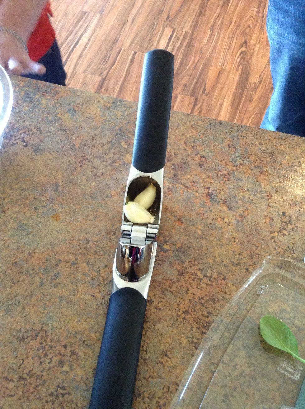 Place 2 cloves garlic at a time into chamber of garlic press