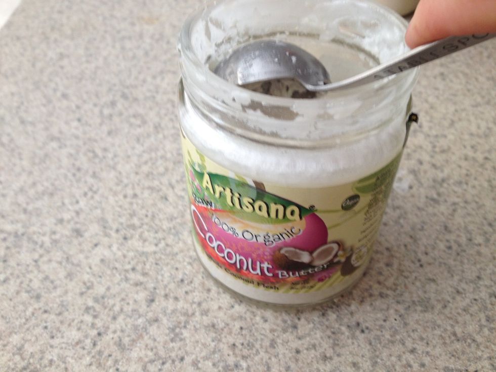 Place 4 tablespoons coconut butter into a microwave safe dish. Microwave it until melted- I did it for 30 seconds. Coconut butter is coconut oil AND coconut meat blended together. Sweet!