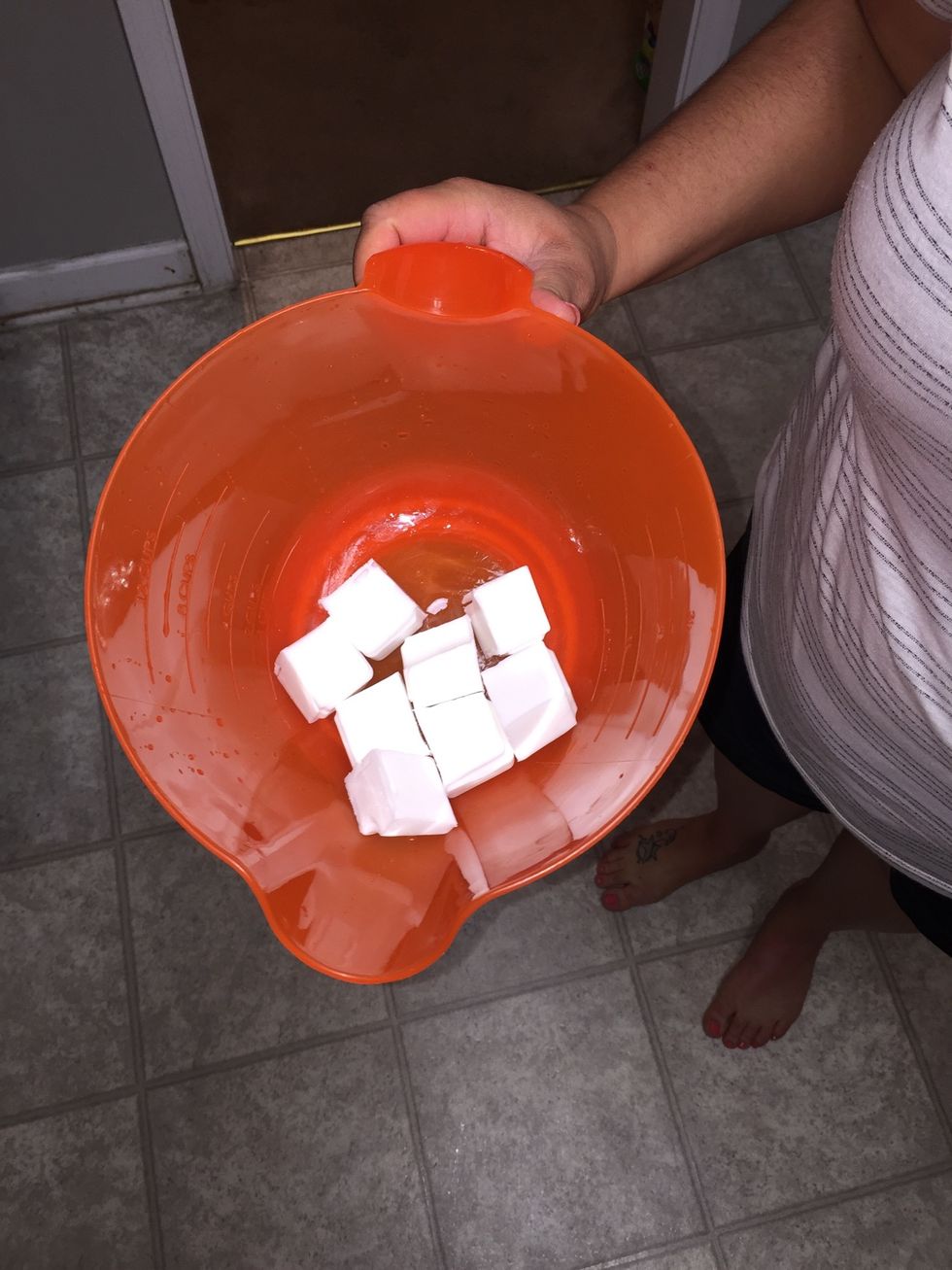 Place 8 cubes of goats milk soap into microwave friendly container for 1 1/2 - 2 minutes until melted and hot