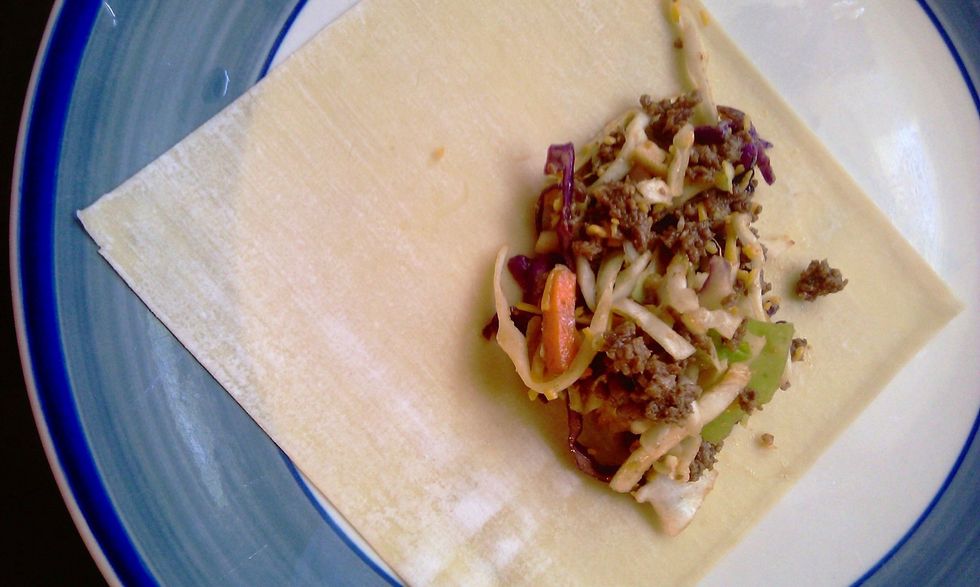 Place a big spoonful of the meat, cheese, and cabbage mixture on center of egg roll wrapper.