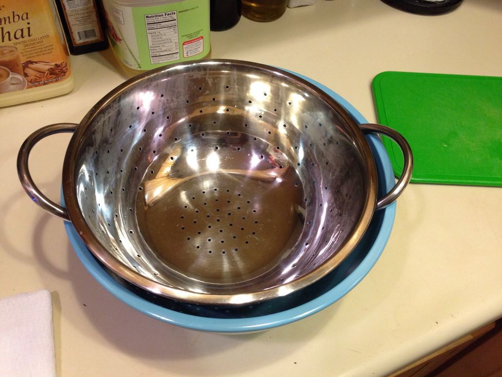 Place a colander in a bowl. Then line the colander with cheese cloth.