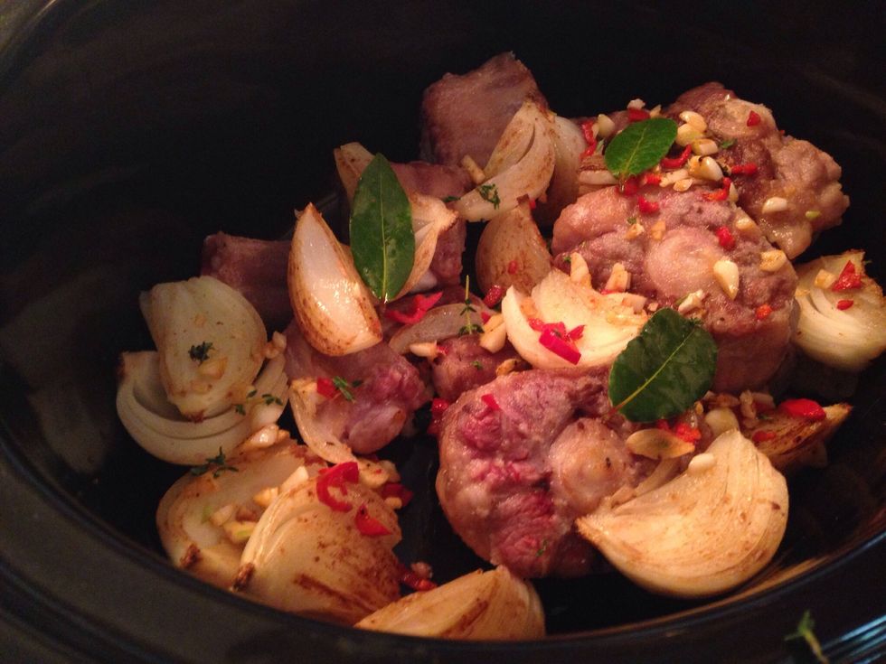 Place a few bay leaves and some sprigs of thyme or any aromatics of your choice. If you want to add rosemary rather add it towards the end of cooking.