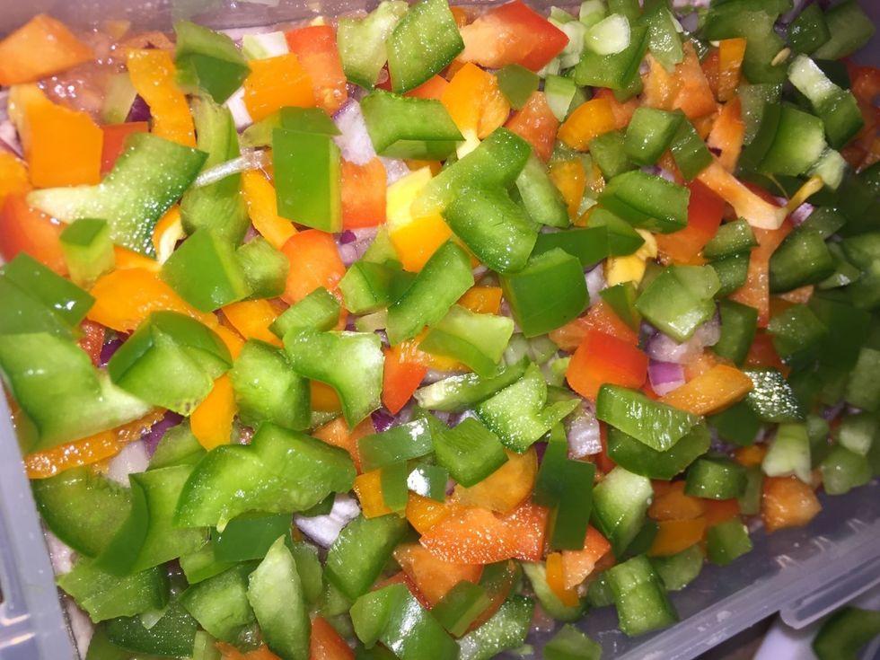 Place a layer of bell peppers. Bell peppers contain high sources of Potassium and Vitamin C.