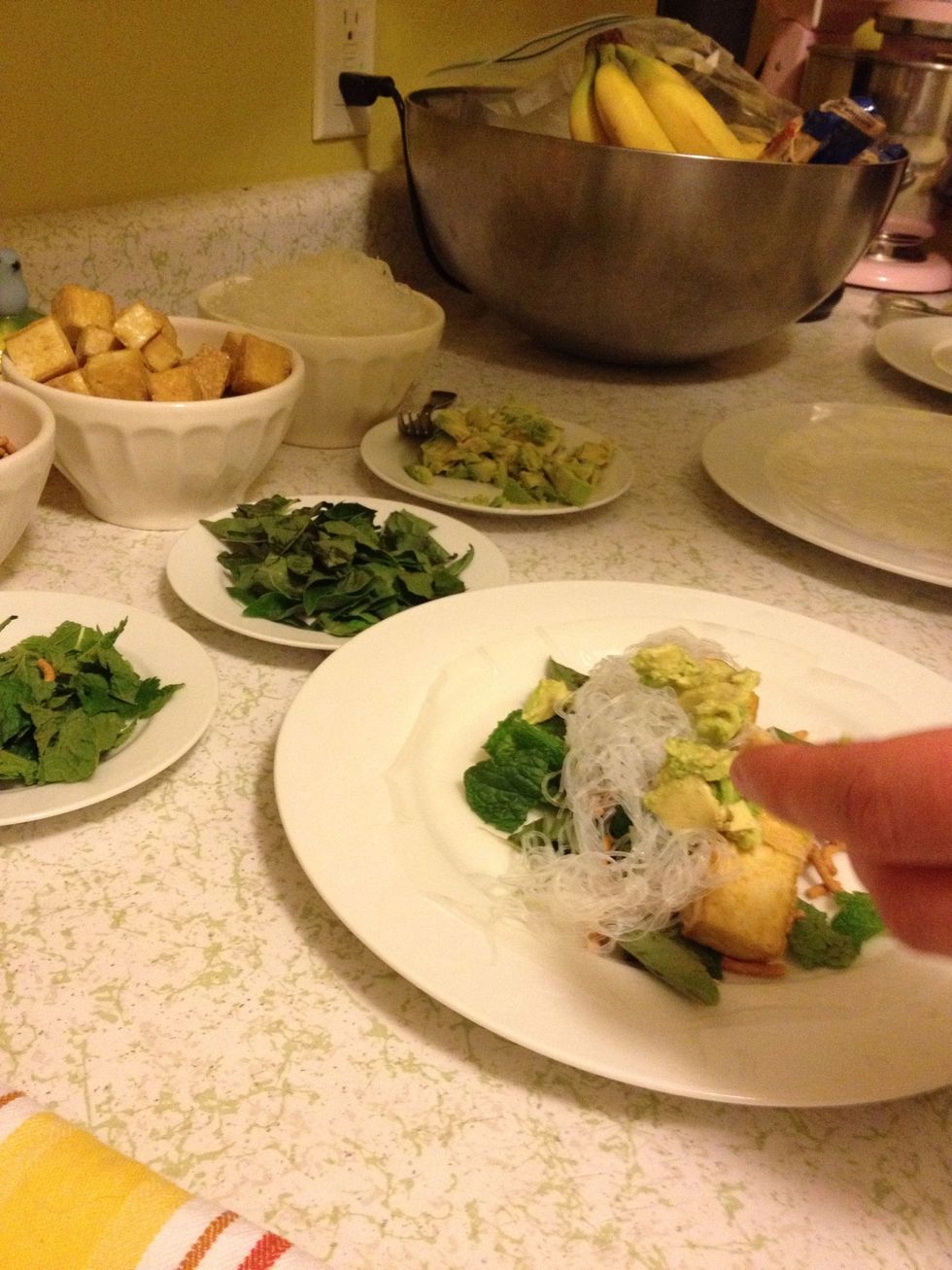 place a little of each ingredient onto your wrapper. not too much!