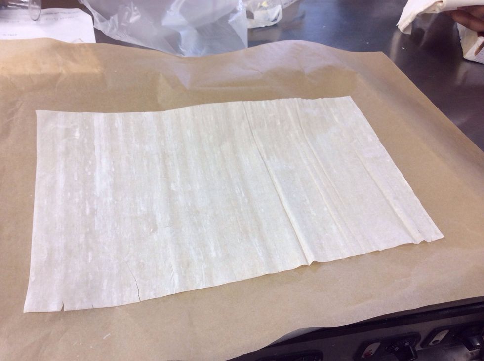 Place a sheet of phyllo dough on the parchment paper