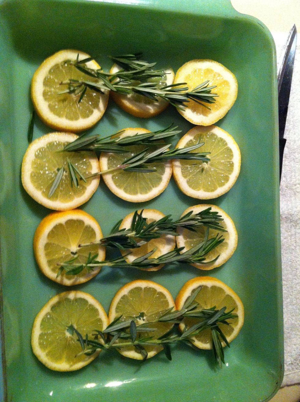 Place a sprig of rosemary on top of lemon slices.
