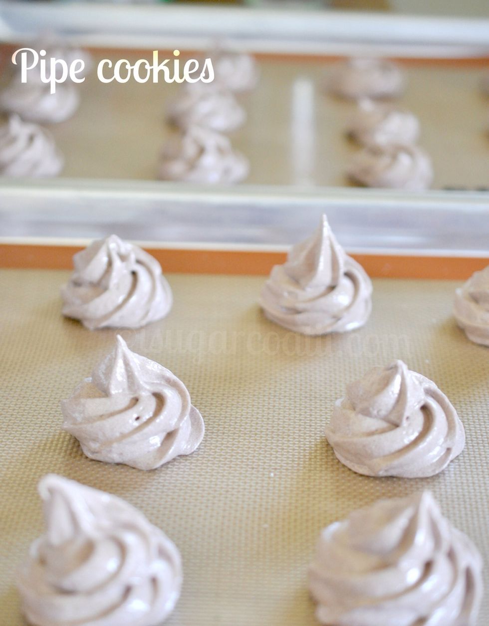 Place a tip #896 in a large piping bag and fill with meringue batter. Pipe swirls about an inch apart onto the mat or parchment paper.