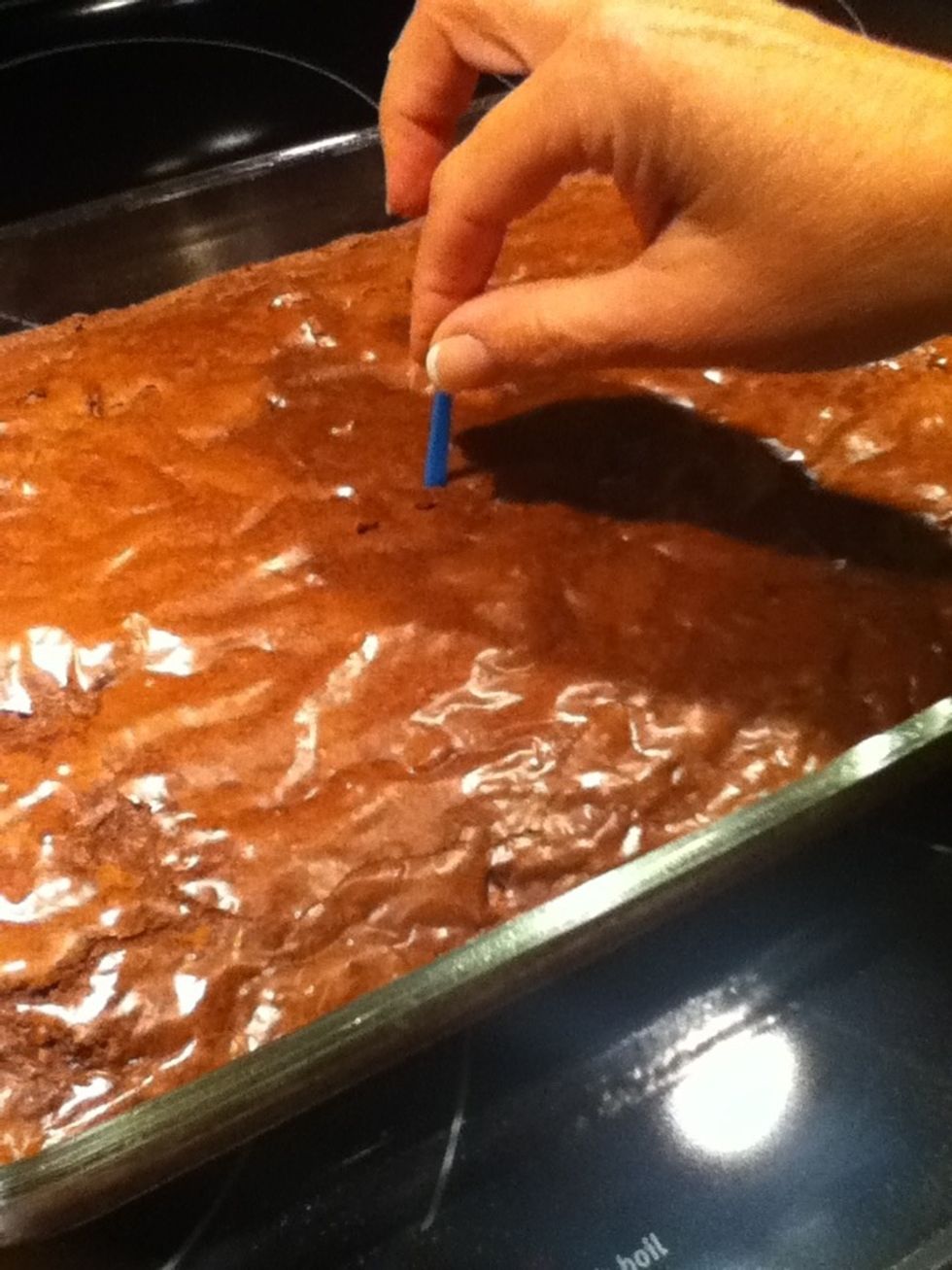 Place a toothpick in the center of the brownies to check if they are fully baked. ( If the center is still gooey, put the brownies in for about 4 minutes more. )