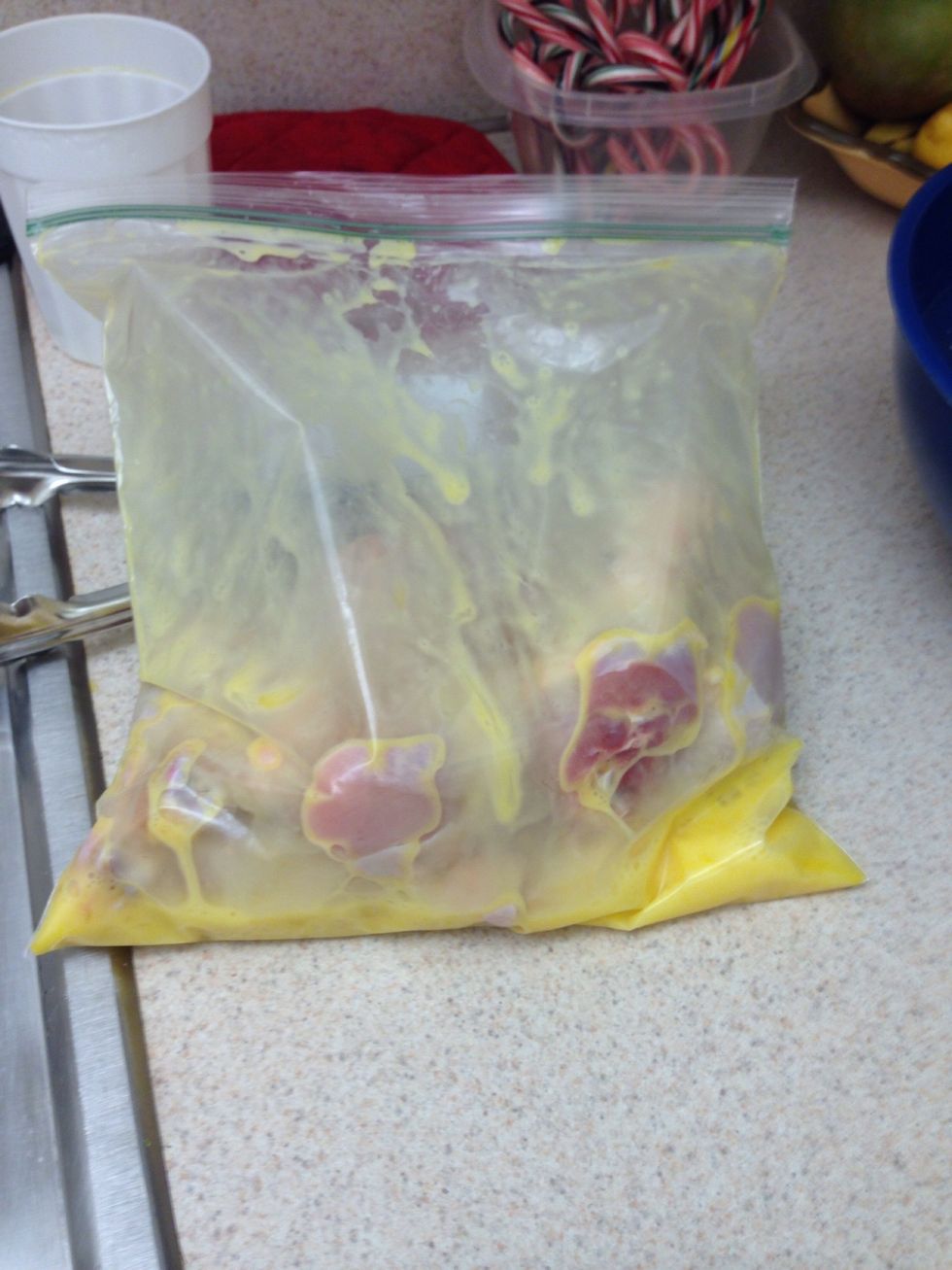 Place about 2-3 pieces of chicken in the egg mix and shake it up. Making sure your chicken is coated.