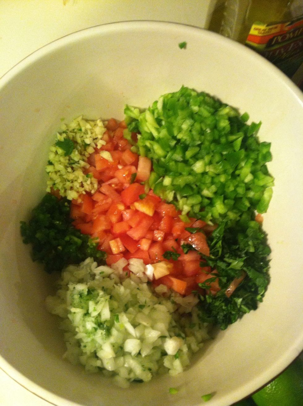 Place all chopped ingredients in a bowl. They look pretty, don't they? :-) I did decide to add a red pepper for color once I mixed all ingredients.