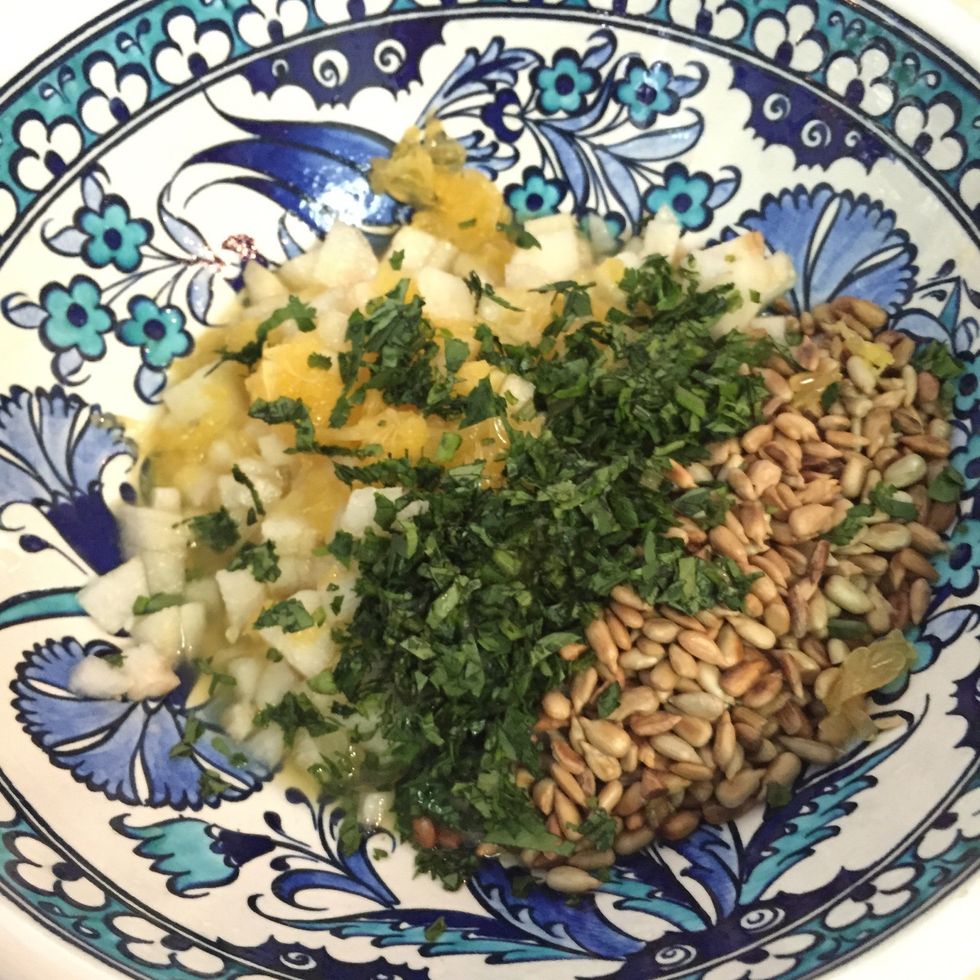 Place all chopped ingredients into a bowl including the Orange juice. Toss and add lemon juice. Note: you may need to adjust the amount of juice according to your likings.