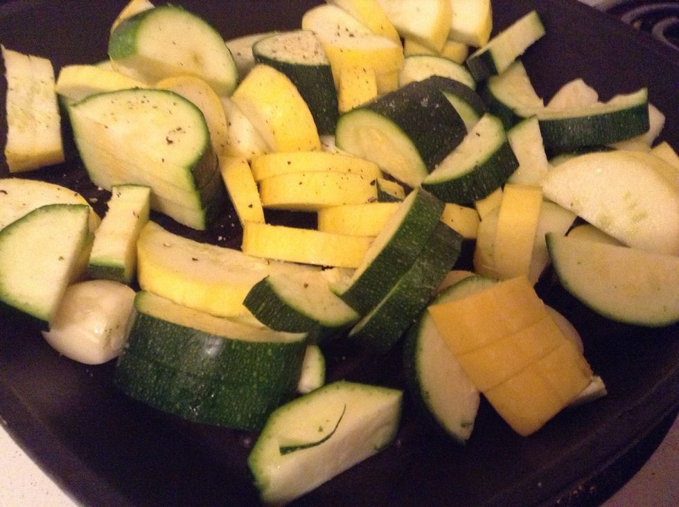 Place all in preheated grill pan; sprinkle with salt and pepper