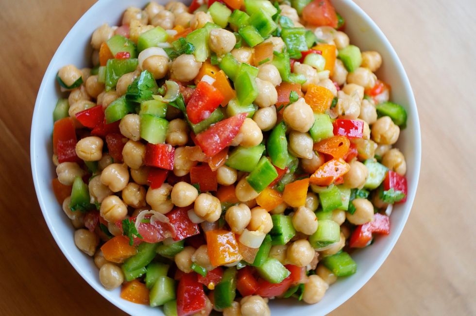Place all ingredients in a bowl then add the oil and vinegar as well as 2 teaspoons of Mediterranean Magic.  Give it a taste.  If you feel it needs more spice, add the 3rd tsp. of the seasoning.