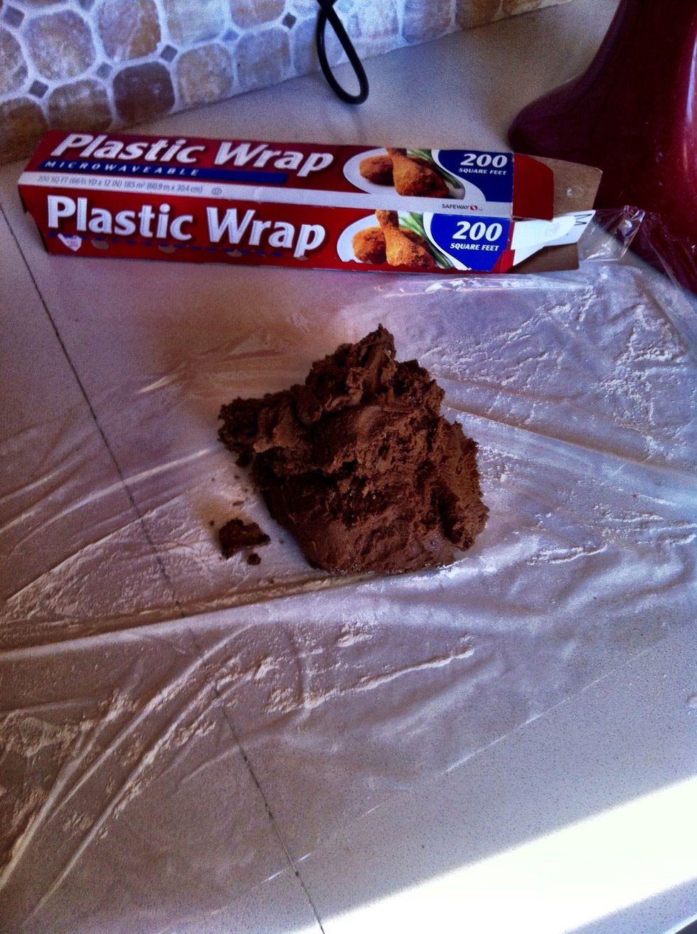 Place all of the cookie dough on a floured plastic wrap surface.