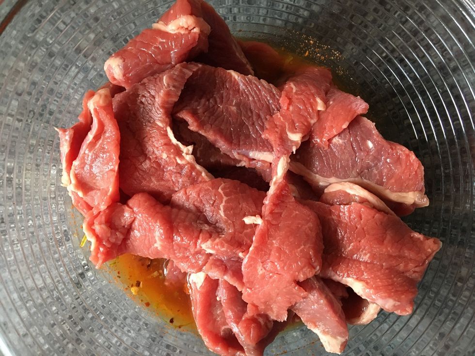Place all of your brisket in the bowl to marinade