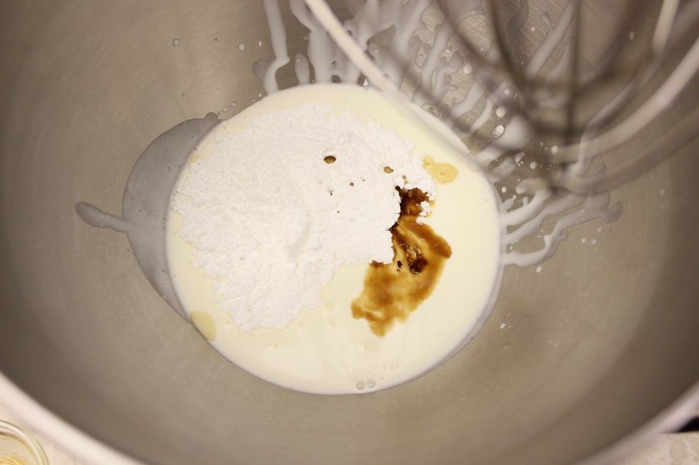 Place all the ingredients into your now frozen stand mixer bowl fitted with your whisk attachment. Beat until stiff. Freezing the bowl and whisk helps to stabilize and quickly whip up the cream.