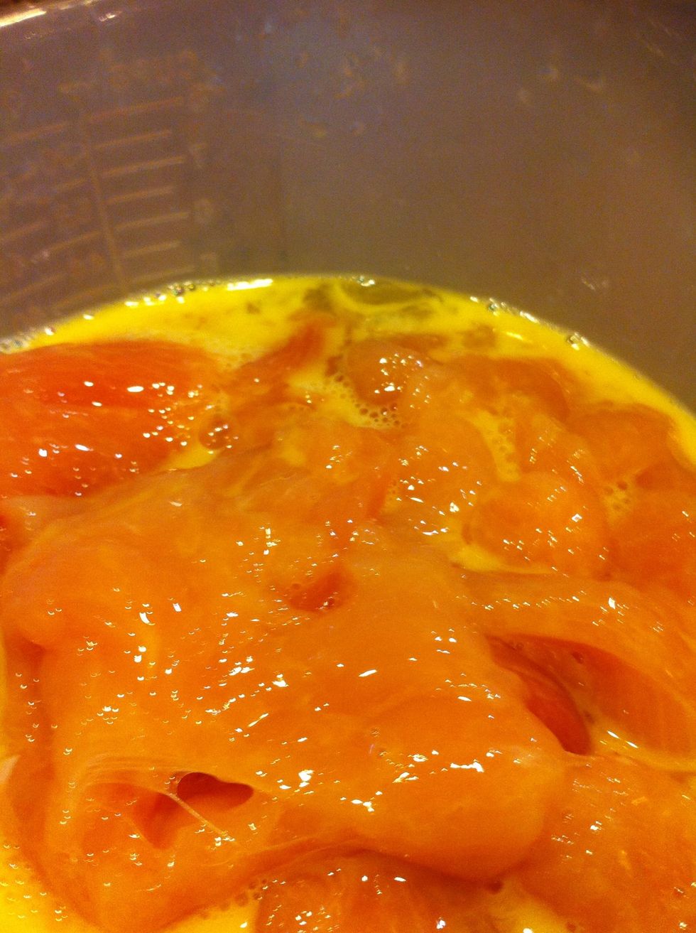 Place all you chicken in egg wash and get ready to dredge in breadcrumbs