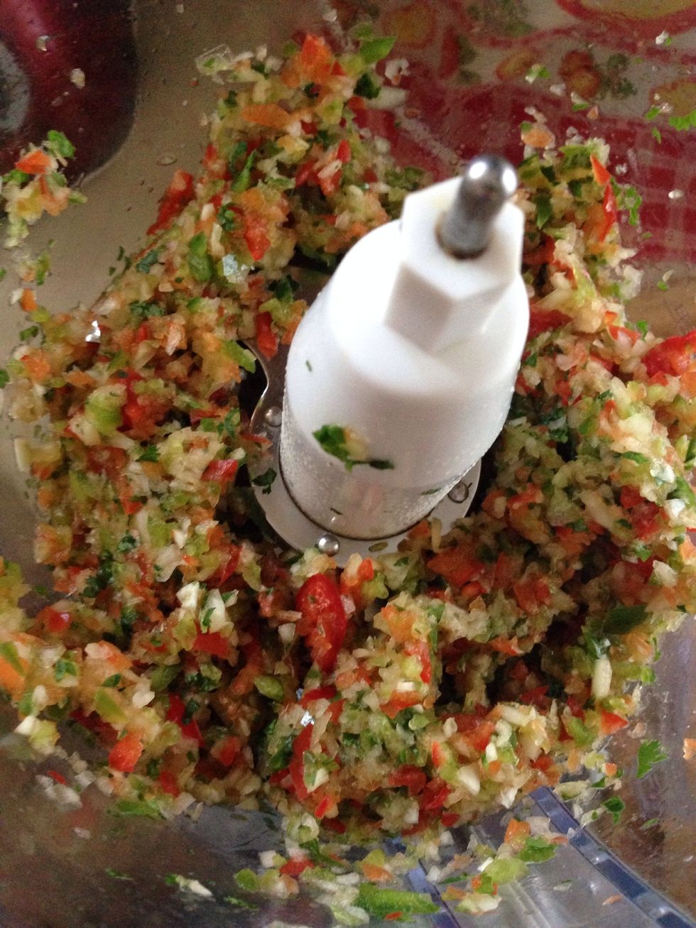 Place all your veggies in the food processor, and pulse until you get this consistency.
