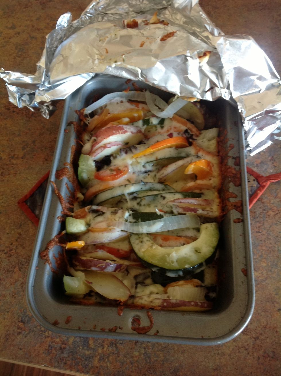 Place aluminum foil over veggies and bake in oven for 20 minutes.
