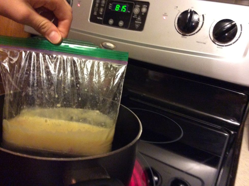 Place and hold the bag in the pan for 13 minutes with the stove on high.