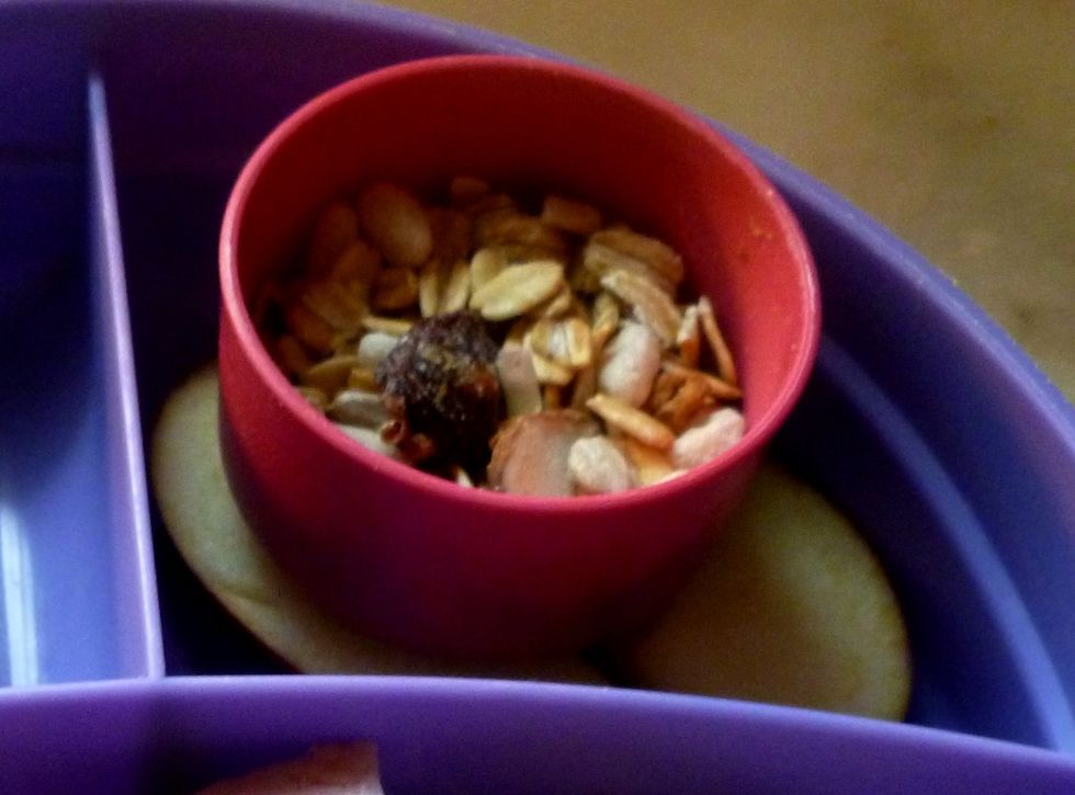 Place apple slices and small cup of Muesli in one section of divided dish.