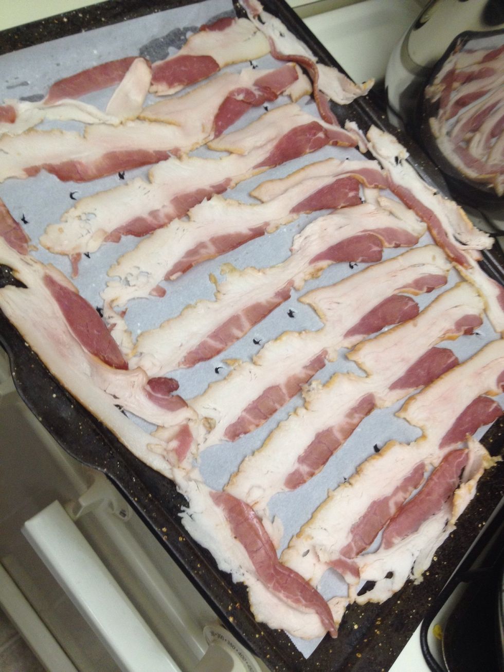 Place bacon on broil pan covered with parchment paper.