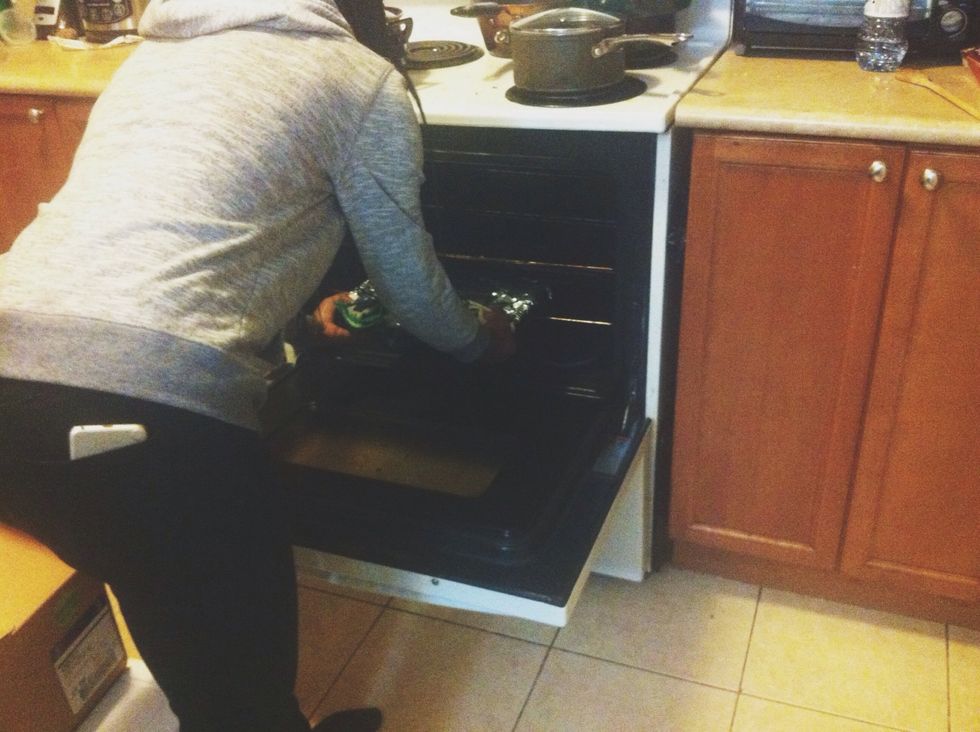 Place baking pan into oven and set a timer for 30 minutes. After 30 minutes check on your potatoes; add another 30 minutes after you put pan back into the oven