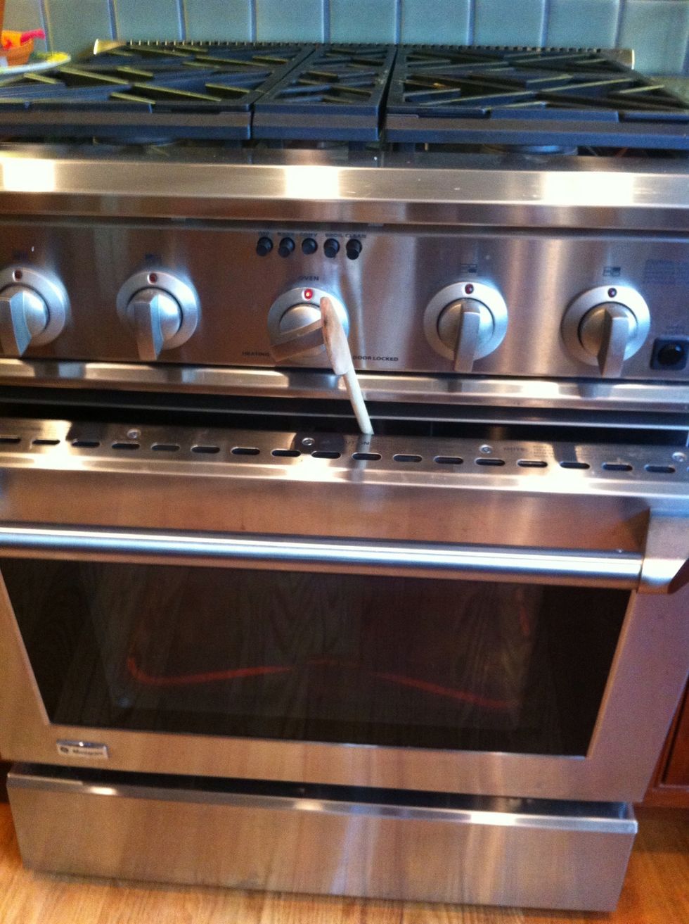 Place baking sheet on top of an identical sheet for insulation, then place in oven for 15 mins if not using convection, 13 mins if using convection. Put a wooden spoon in the door to prop it open.