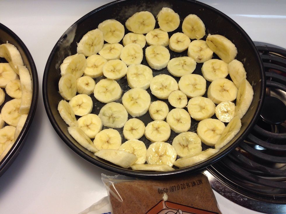 Place banana slices evenly on the bottom of the two cake pans.