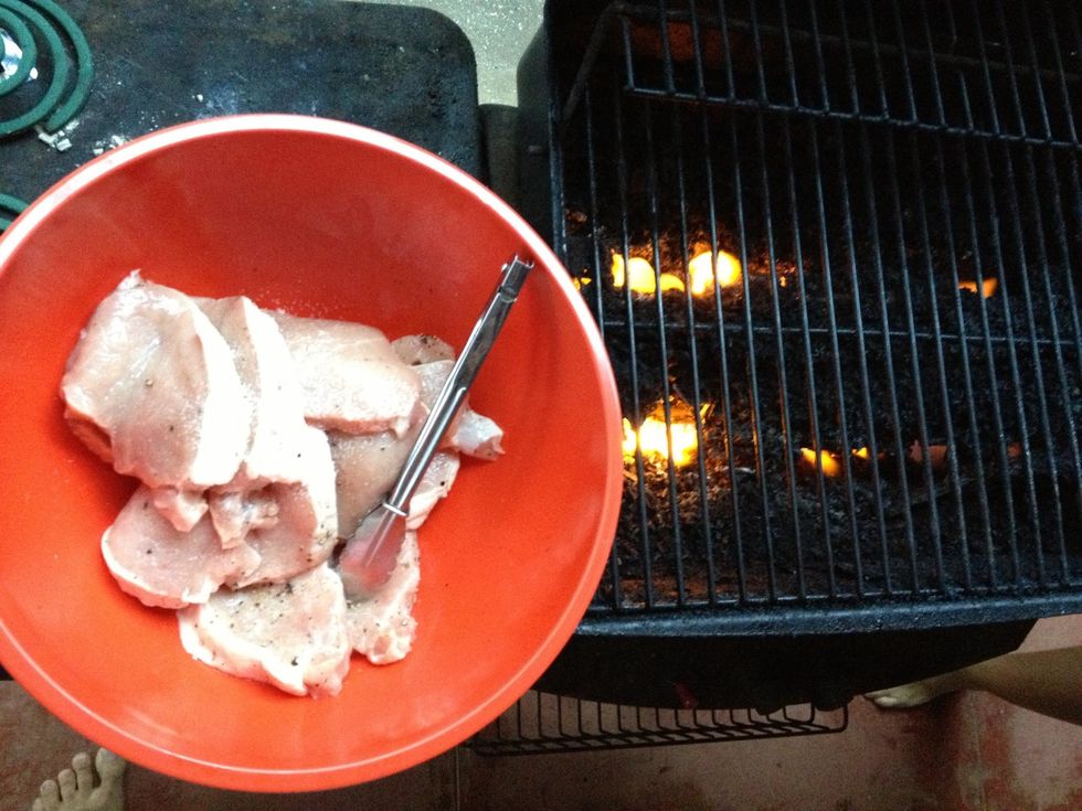 Place bowl next to grill with tongs. Use tongs and place seasoned Pork Filet onto heated grill. Once placed on grill, close lid, check back in five minutes.