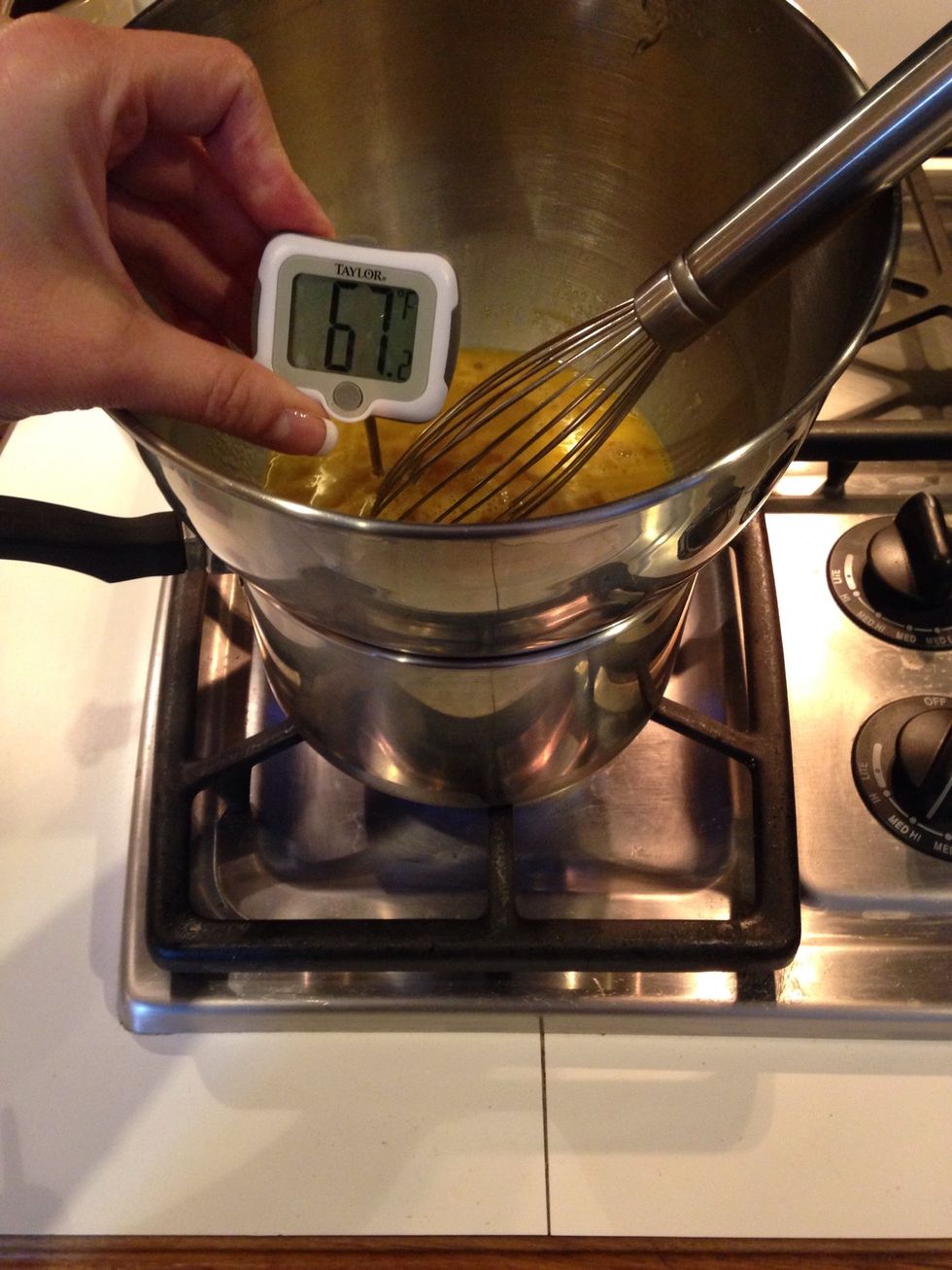 Place bowl over water creating a Bain Marie. Whisk continuously until you reach 149*. Move the bowl and whisk so you don't get scrambled eggs!