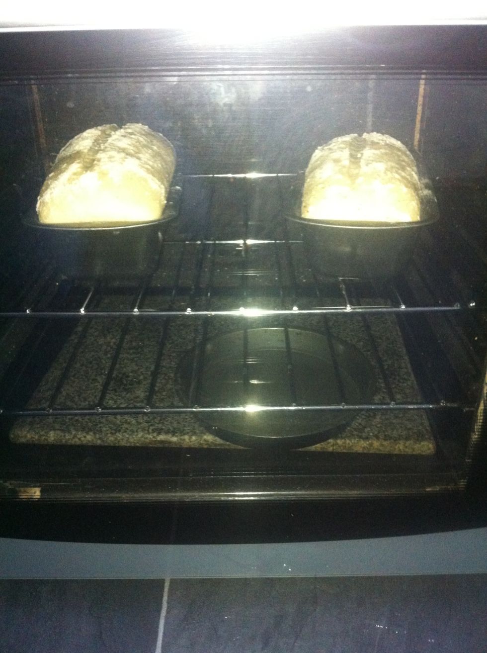 Place bread in oven and pour the half cup of cold watt into the metal tin.