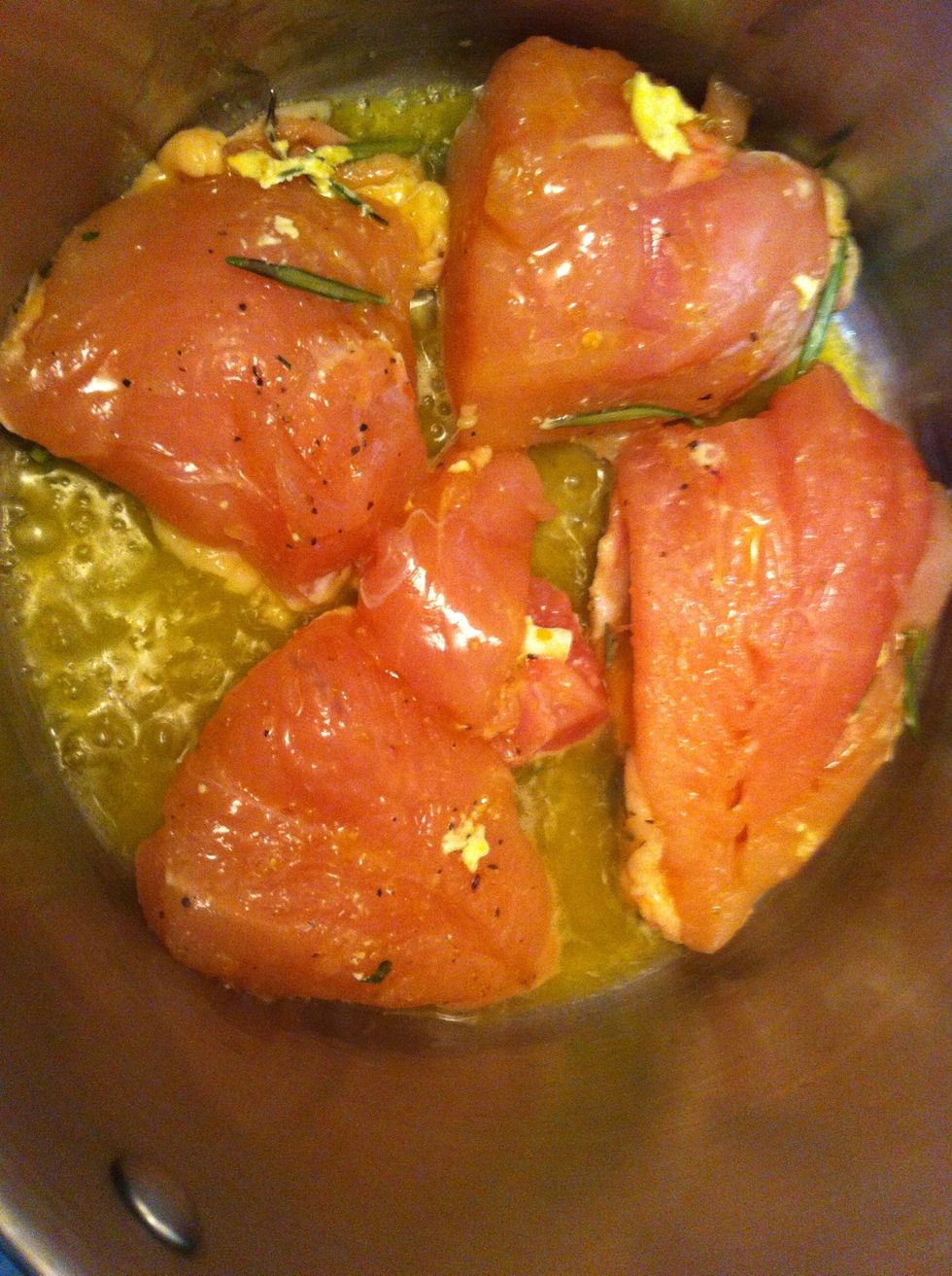 Place breasts in, skin side down and LEAVE THEM ALONE for near 10 minutes until the pan RELEASES them - otherwise you'll tear the skin