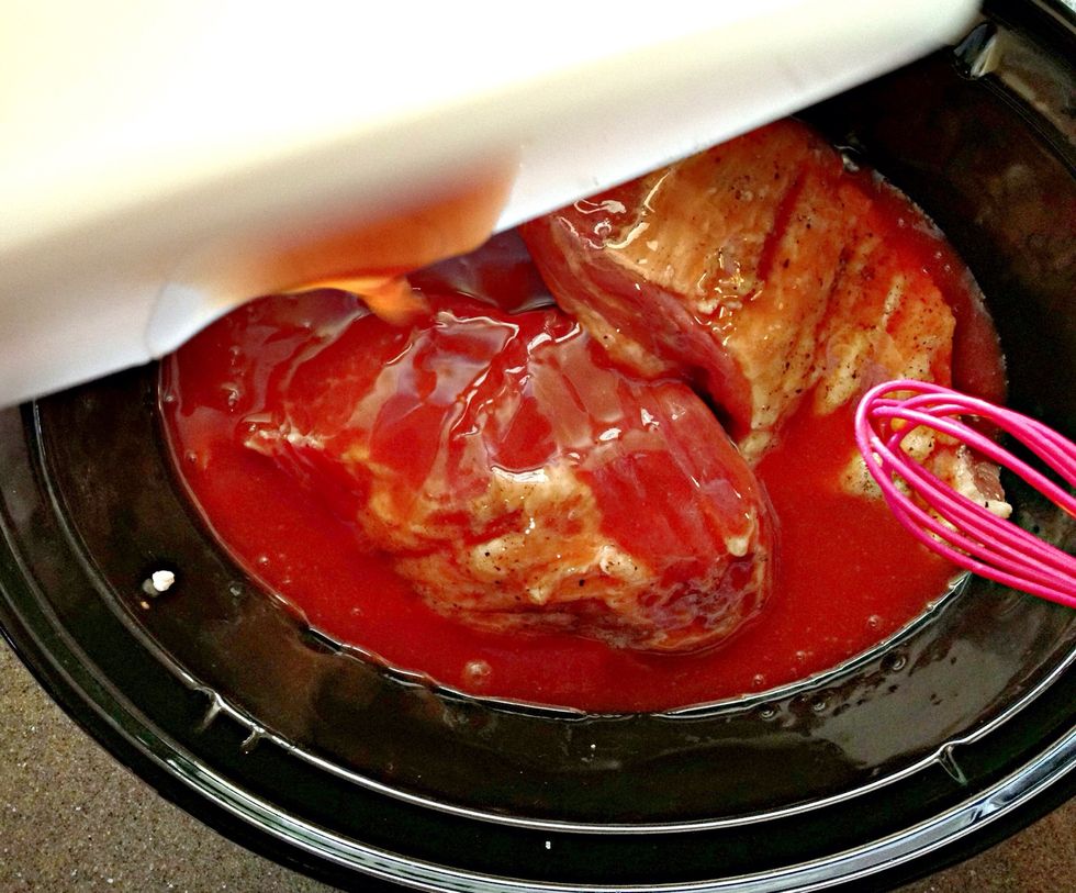 Place brisket in crock pot & pour mixture over the top.