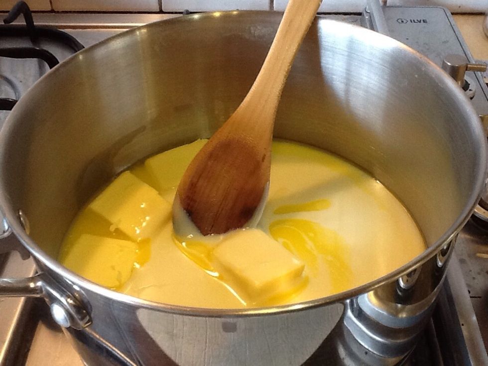 Place butter and condensed milk in a small saucepan over medium-low heat, stirring occasionally. Remove from heat when butter is melted and mixture is smooth.