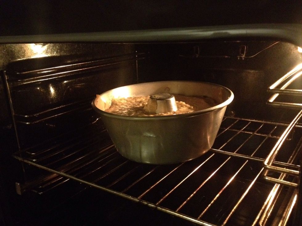 Place cake in the center of the oven and leave it baking for approximately 45 minutes. Use a wooden toothpick to check if it's ready. After inserting and it comes out clean, the cake is cooked.