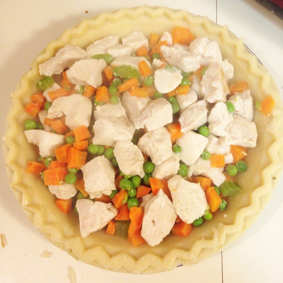 Place chicken and veggies in the bottom pie crust.