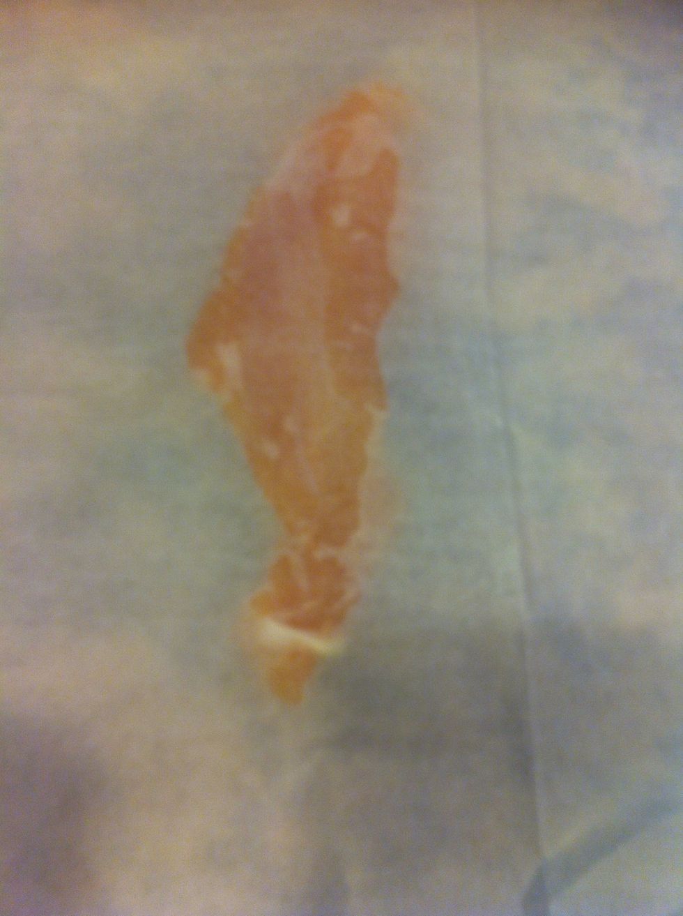 Place chicken breast (or tenders) between the paper