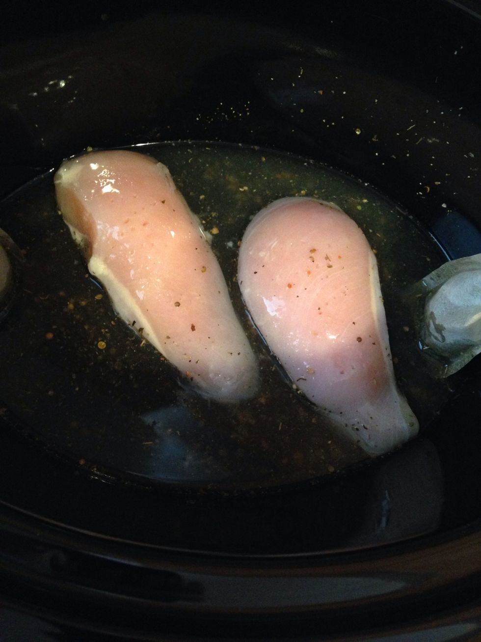 Place chicken breasts in crockpot, and give them a couple pokes with a fork to let the juices soak in.