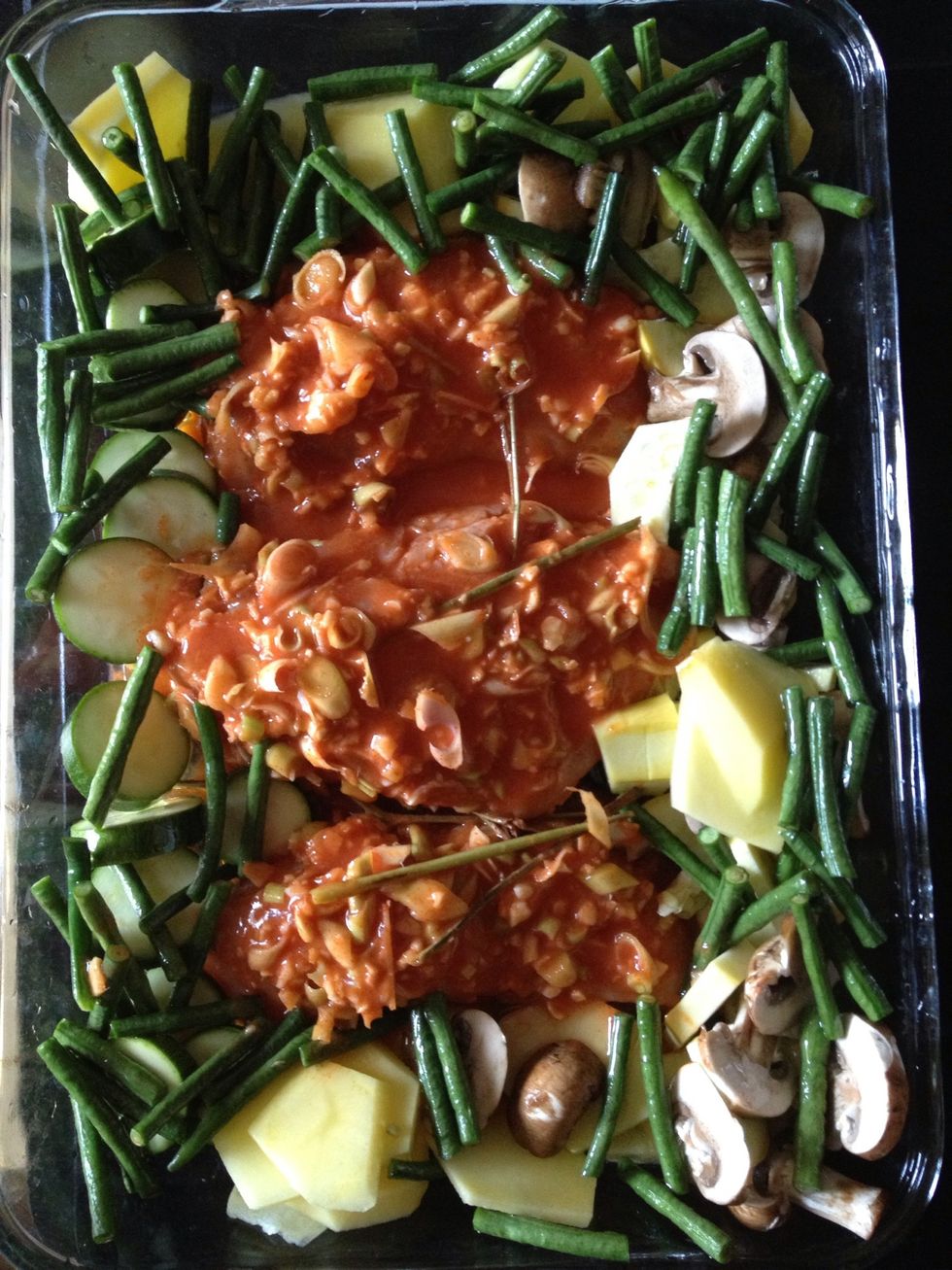 Place chicken in a shallow grass baking dish. Combine remaining ingredients and pour over. As usual, I love to bake with potatoes, zucchini, yellow squash, green bean and mushroom. Optional