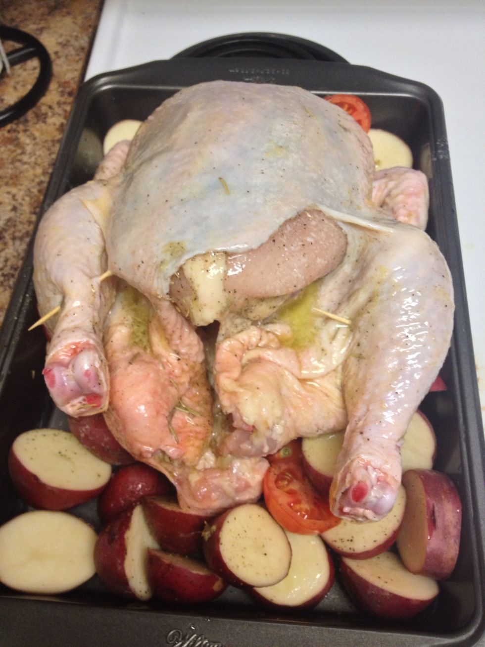 Place chicken in oven and baked for 120-140 minutes. Cover with foil for the first hour. Then remove for the next hour.