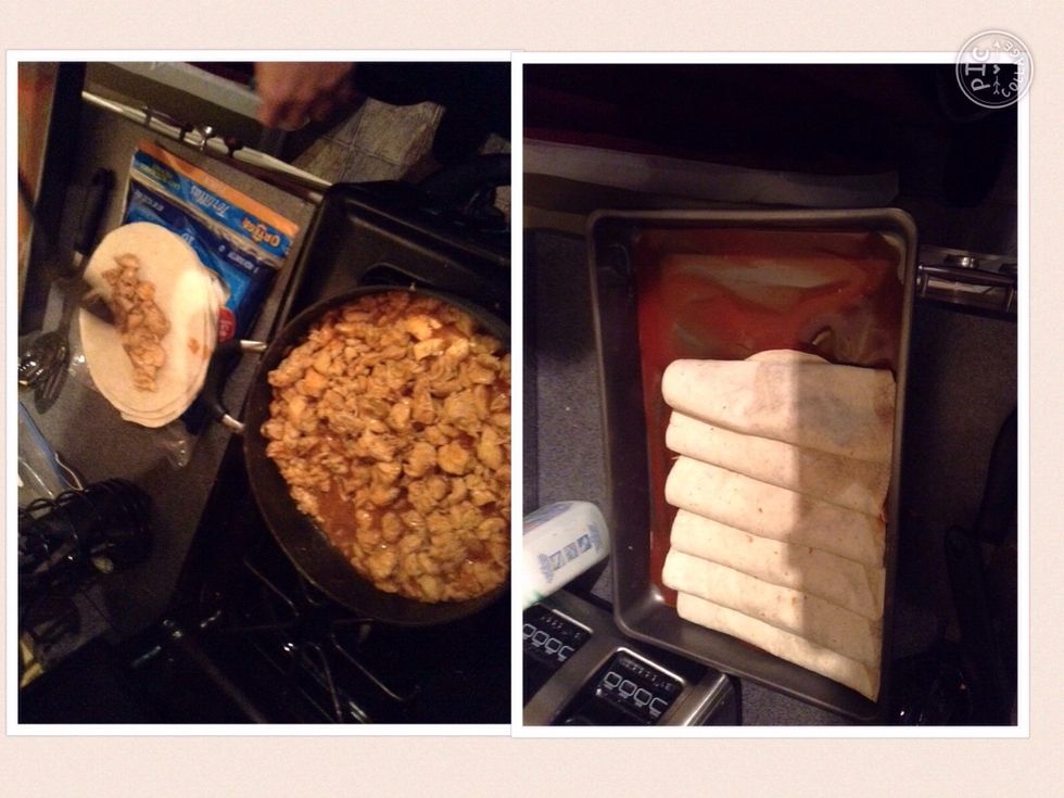 Place chicken in tortillas. Fold and place in pan seam facing down