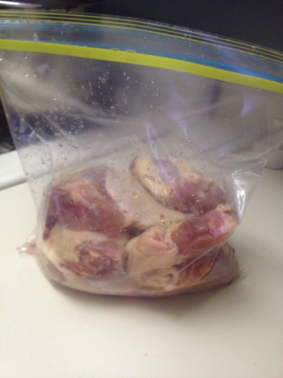 Place chicken in ziplock bag or dish with a lid. (This recipe can be used with any type of chicken. We prefer thighs.)