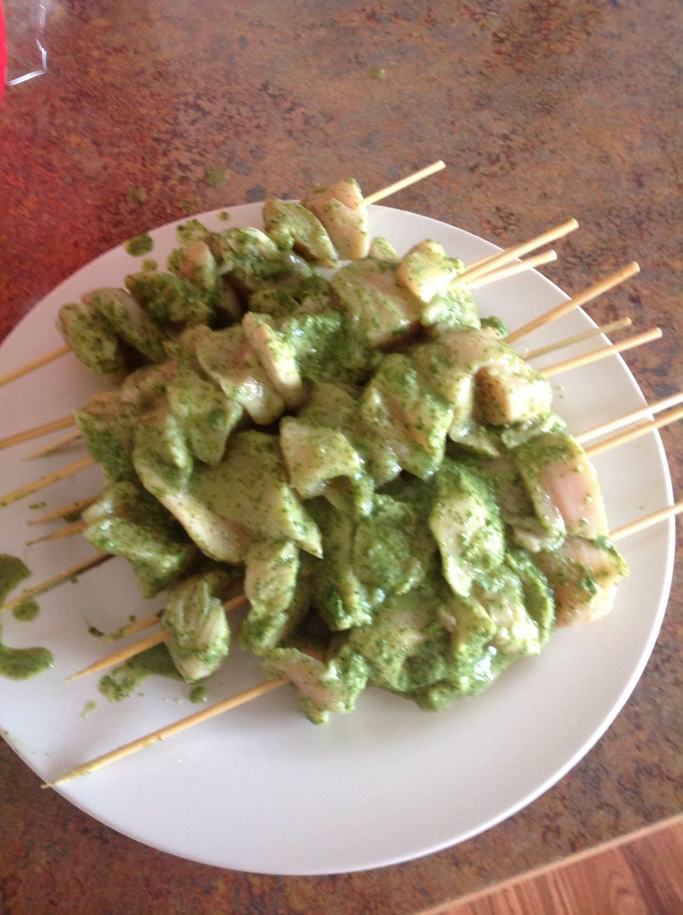 Place chicken on skewers