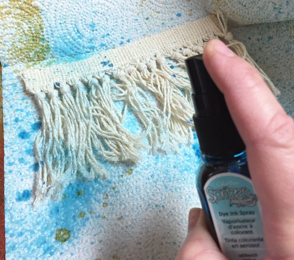 place cotton fringe in Color Catcher and spritz in spots using Mermaid ColorBox Archival Dye Ink Spritzer.
