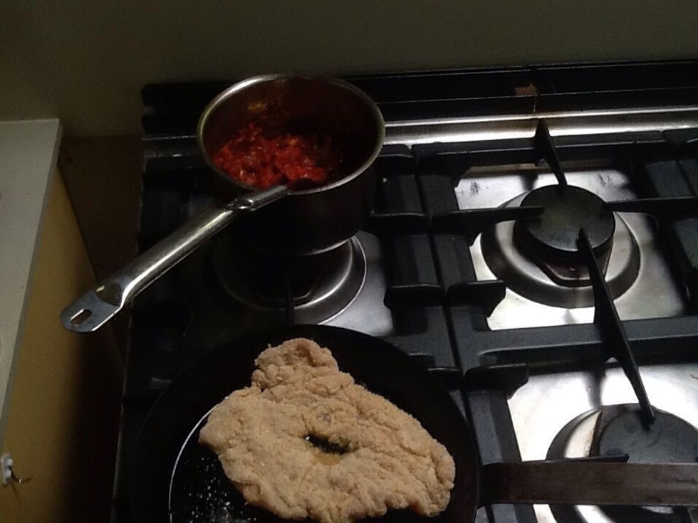 Place crumbed chicken on well-oiled saucepan and cook on light heat till gold/brownish colour.