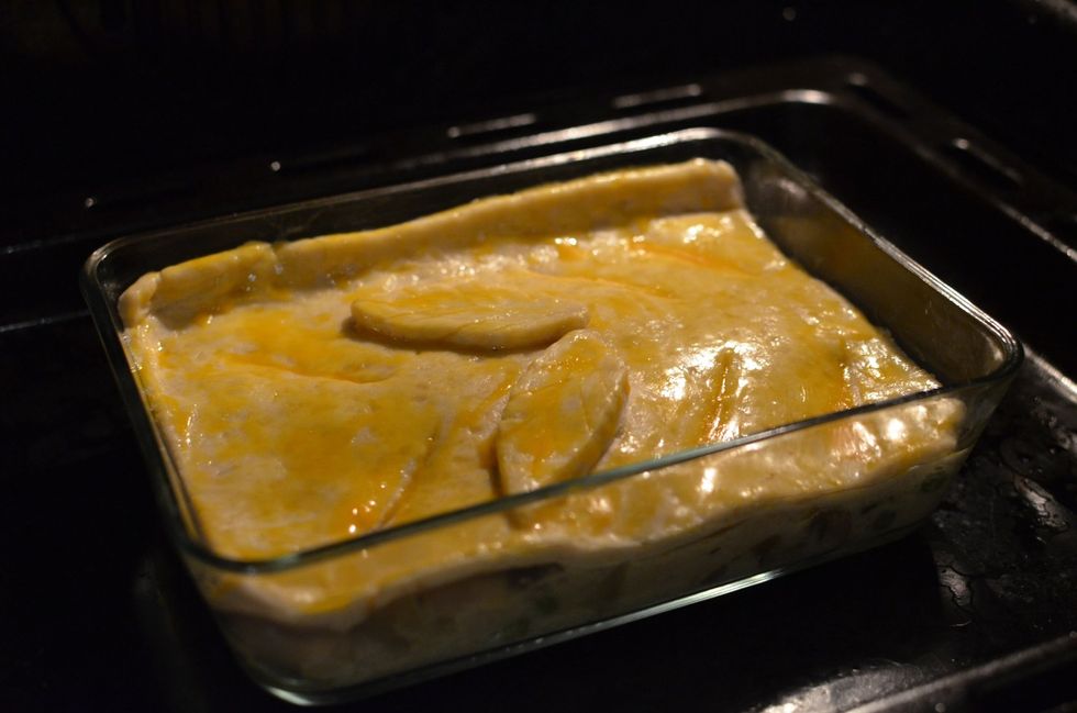 Place crust on top, make several small slits on the top to allow steam to escape. Use the extra crust make some decoration. Brush with egg yolk.