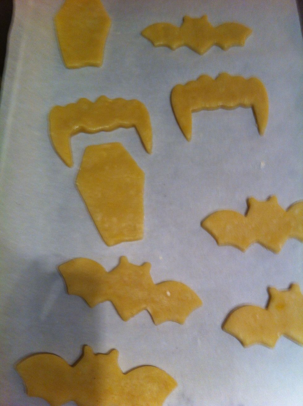 Place cut out cookies on parchment covered cookie sheet and bake a 350F for about 7 min or very lightly browned