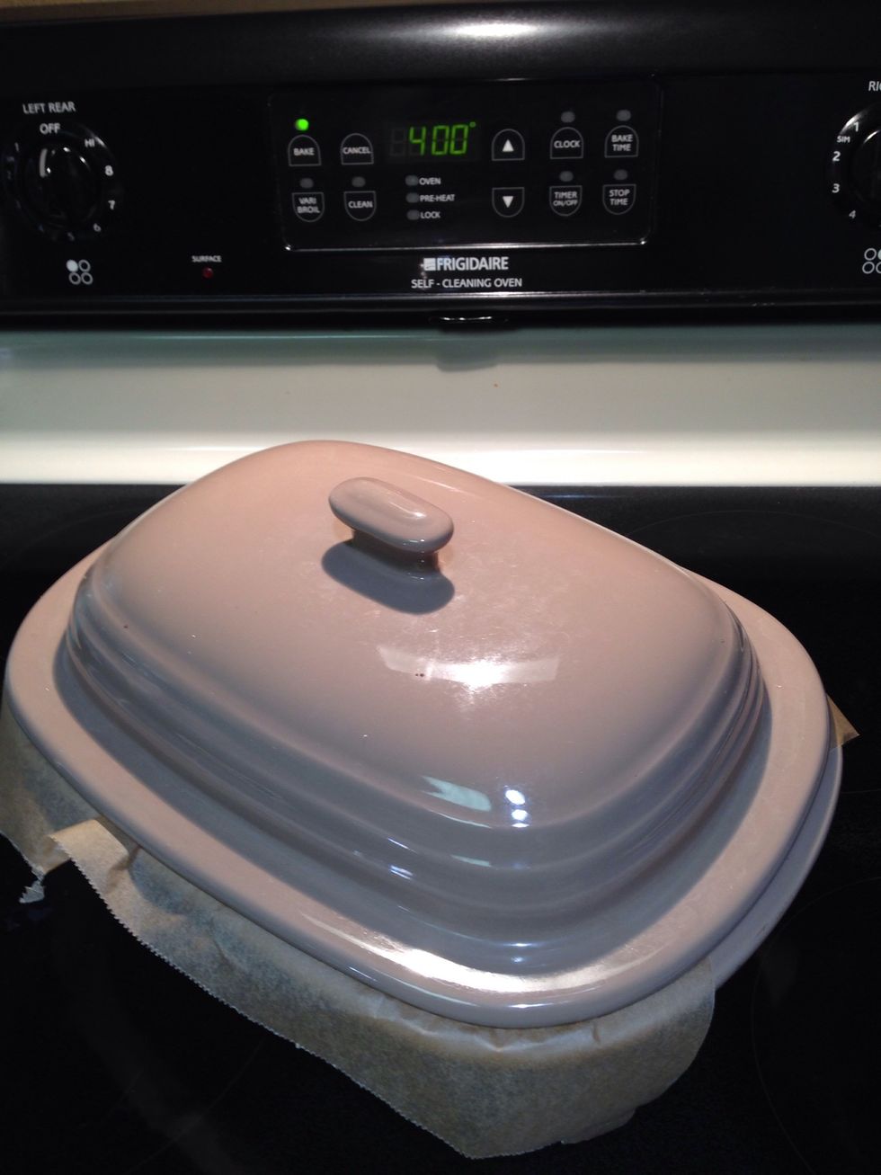 Place Deep Covered baker in COLD oven and set the temperature to 400. Set timer for 50 minutes. DO NOT open oven or be tempted to check, let it do it's job!